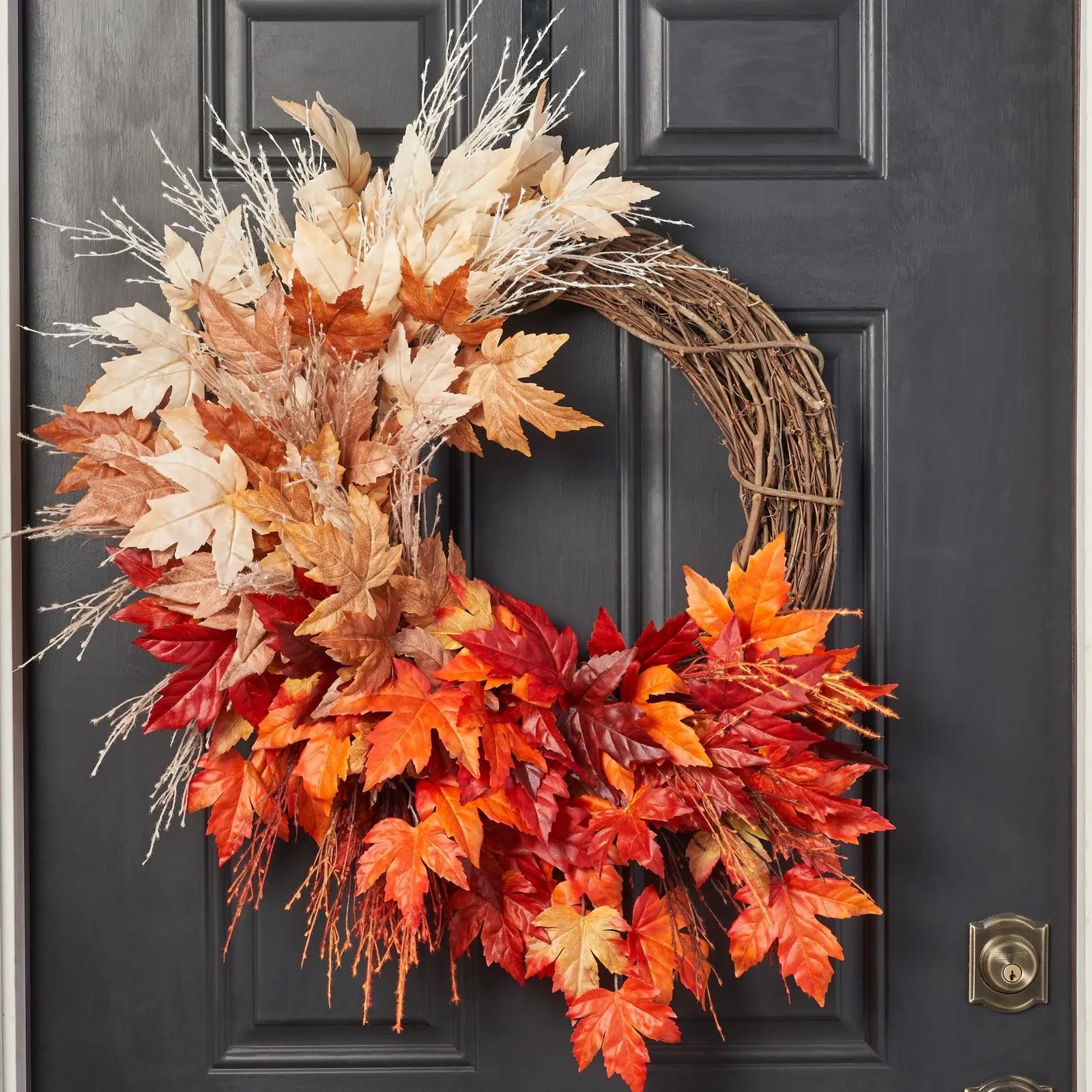 FW1325FallBreeze_AutumnLeaves-MulticoloredOmbreMapleLeafPampasGrassFallFrontDoorAsymmet Fall Breeze & Autumn Leaves - Multicolored Ombre Maple Leaf & Pampas Grass Fall Front Door Asymmetrical Wreath - Image 1