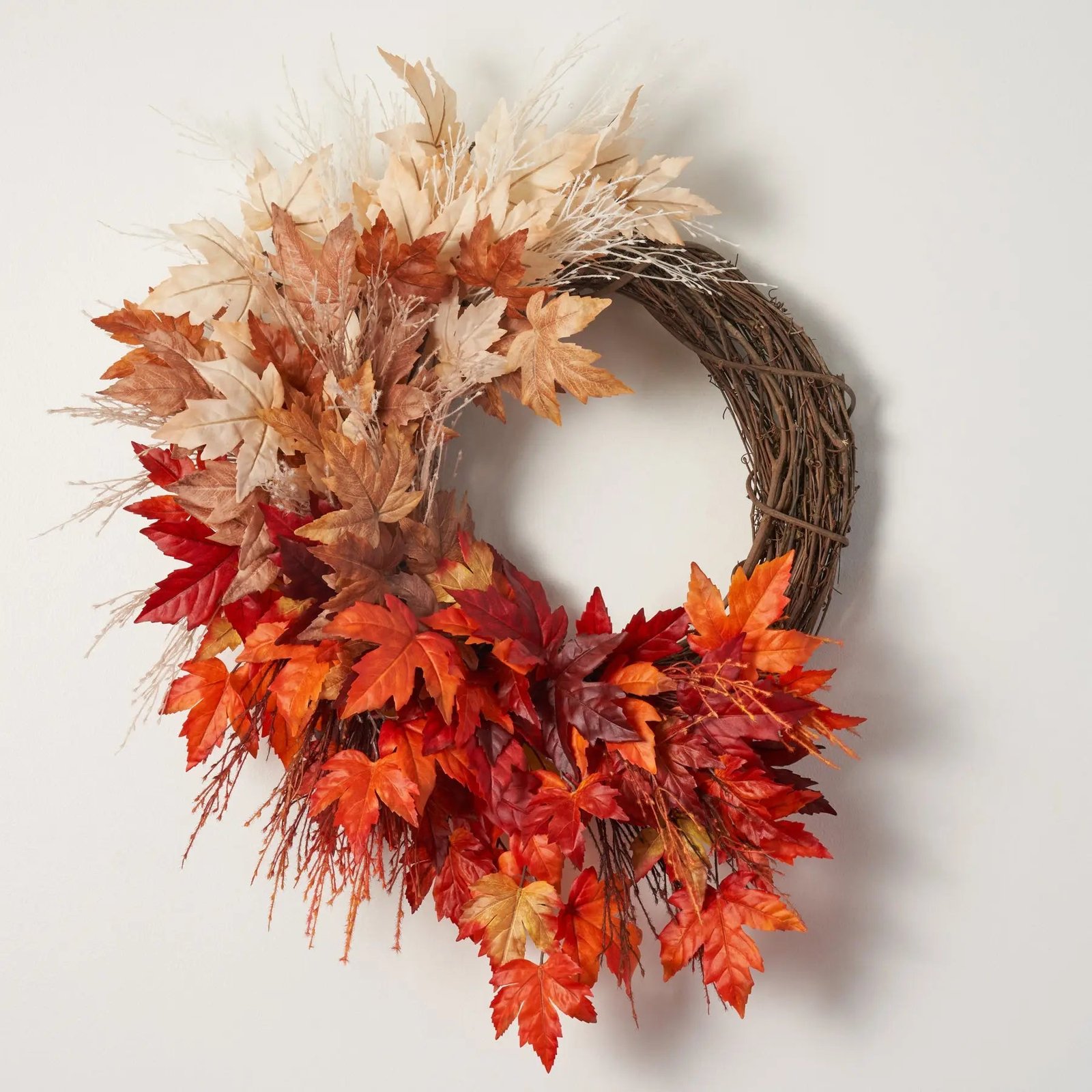 Fall Breeze & Autumn Leaves - Multicolored Ombre Maple Leaf & Pampas Grass Fall Front Door Asymmetrical Wreath - Image 3