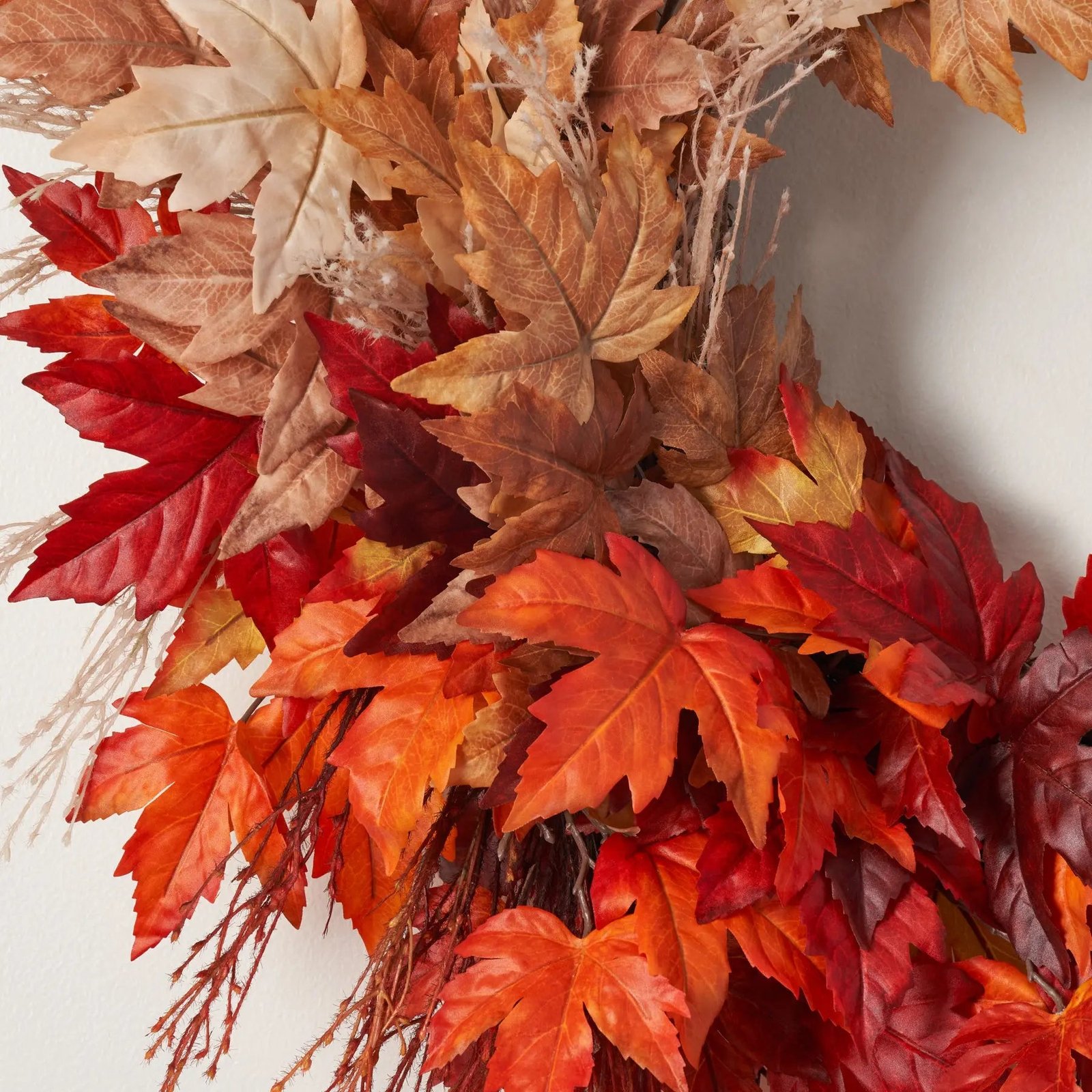 Fall Breeze & Autumn Leaves - Multicolored Ombre Maple Leaf & Pampas Grass Fall Front Door Asymmetrical Wreath - Image 2