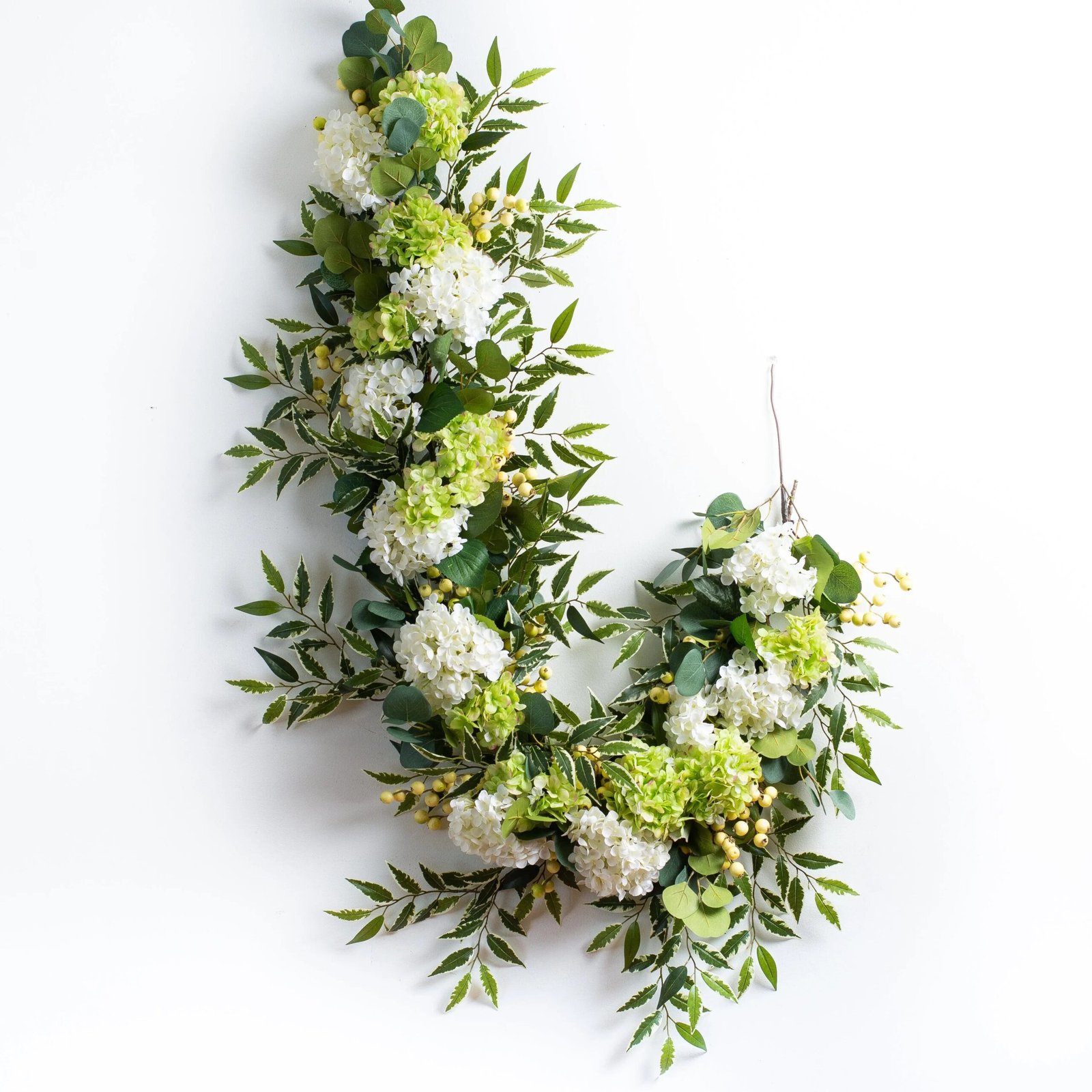 GAR1041-3White_GreenHydrangeawithCreamBerryArtificialAllSeasonsGreeneryMantleGarlandandTableRunner-1 White & Green Hydrangea with Cream Berry Artificial All Seasons Greenery Mantle Garland and Table Runner - Image 1
