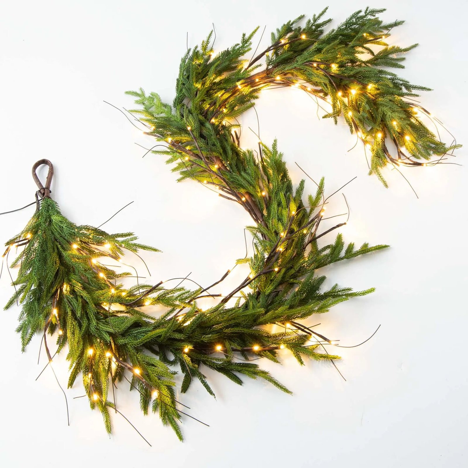 GAR1102Pre-litNorfolkWinterChristmasMantleGarlandTableRunner_1_2dc59217-f1e4-4ba7-b963-d9ec550066e0 Twig Light & Real Touch Green Norfolk Pine Pre-Lit Winter Christmas Mantle Garland Table Runner - Image 1