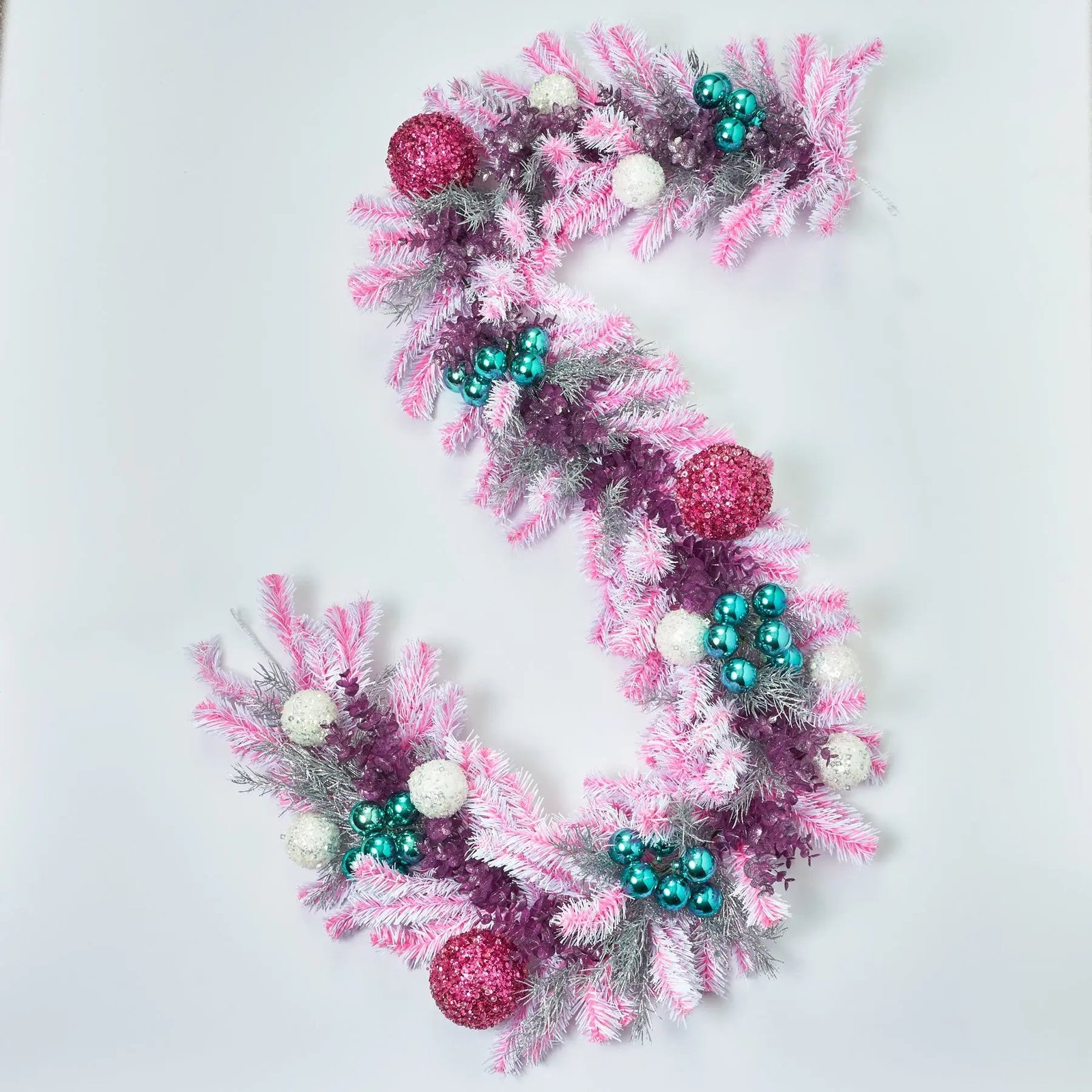 GAR1164YuletideGlamour-GlitteredPine_MetallicEucalyptus_SparkleHolly The Dream House Garland - Glittered Pine, Metallic Eucalyptus, Sparkle Holly & Pink Sequin Ornament Christmas Garland Holiday Mantle Table Runner - Image 1