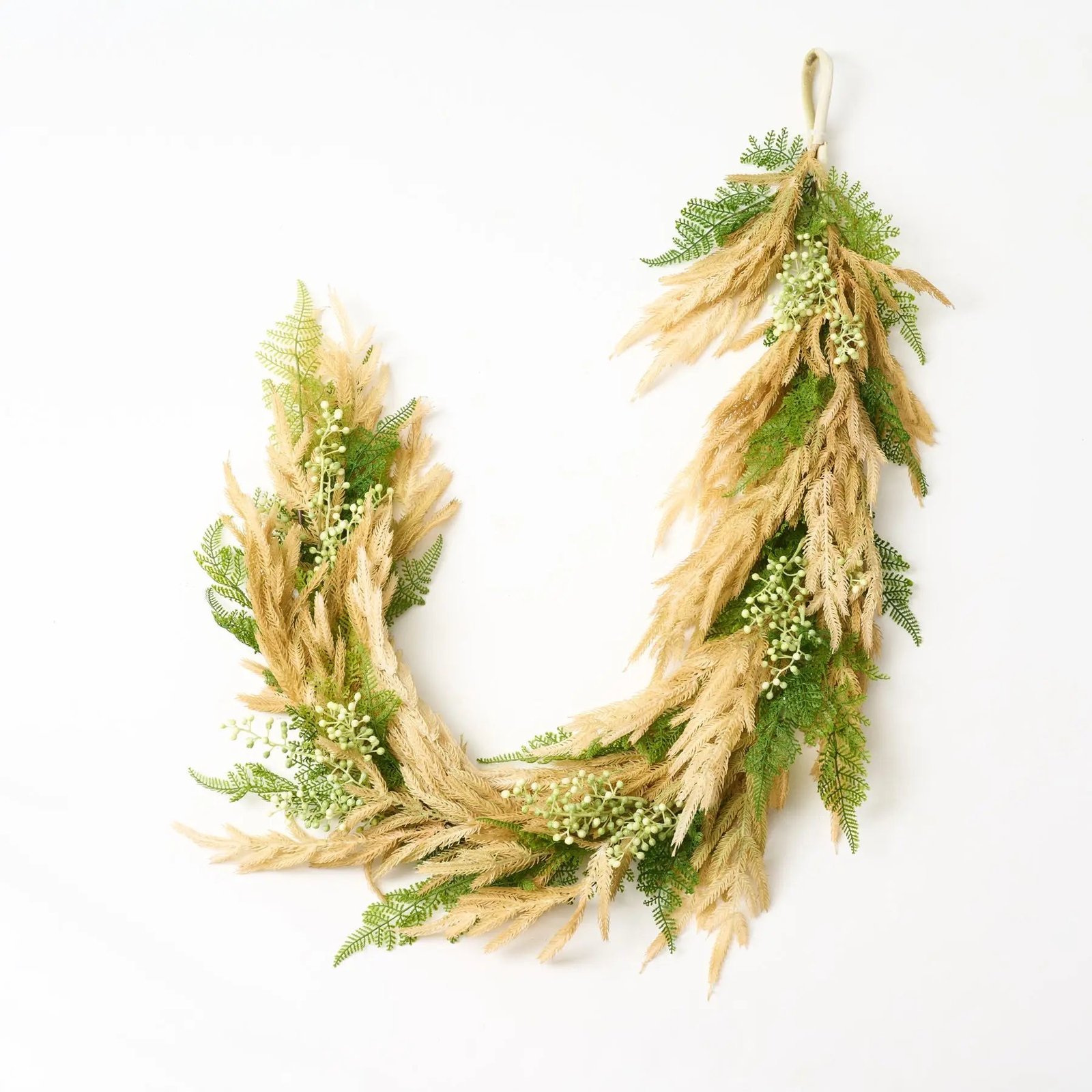 GAR1202-FernQueen-GreenLaceFern_BeigeNorfolk_GreenerySeedBushEverydaySpringSummerGarland_1 Fern Queen - Green Lace Fern, Beige Norfolk & Greenery Seed Bush Everyday Spring Summer Garland - Image 1