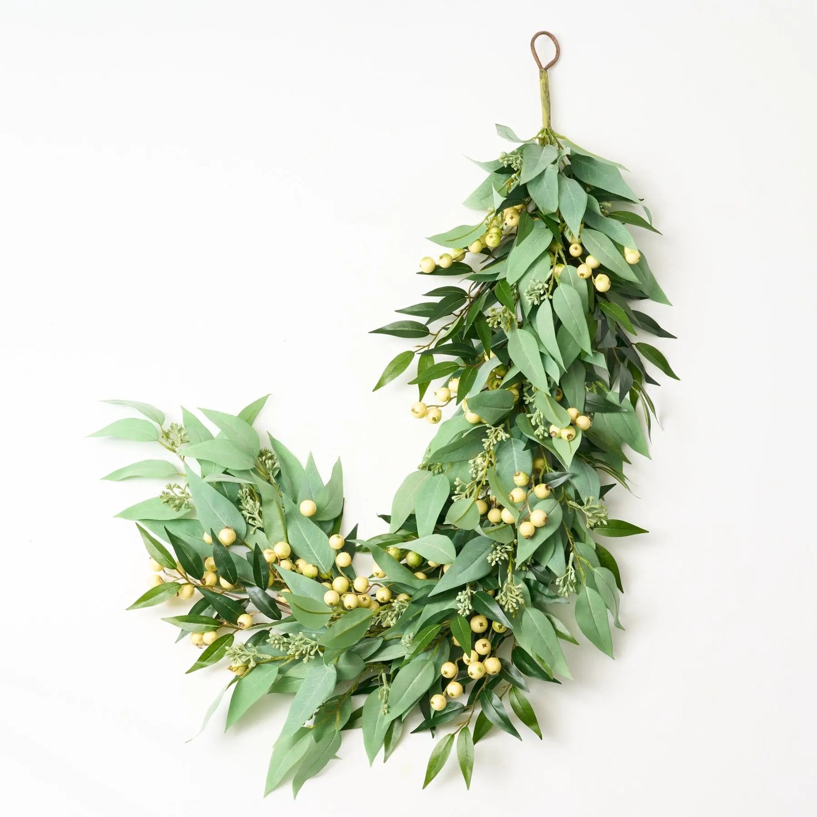 GAR1203AllSeasonsFauxBladeEucalyptus_GreenSmilax_CreamGreenGooseberriesMantleGarlandEverydayGreenery_1 All Seasons Faux Blade Eucalyptus, Green Smilax & Cream Green Gooseberries Mantle Garland Everyday Greenery Table Runner - Image 1