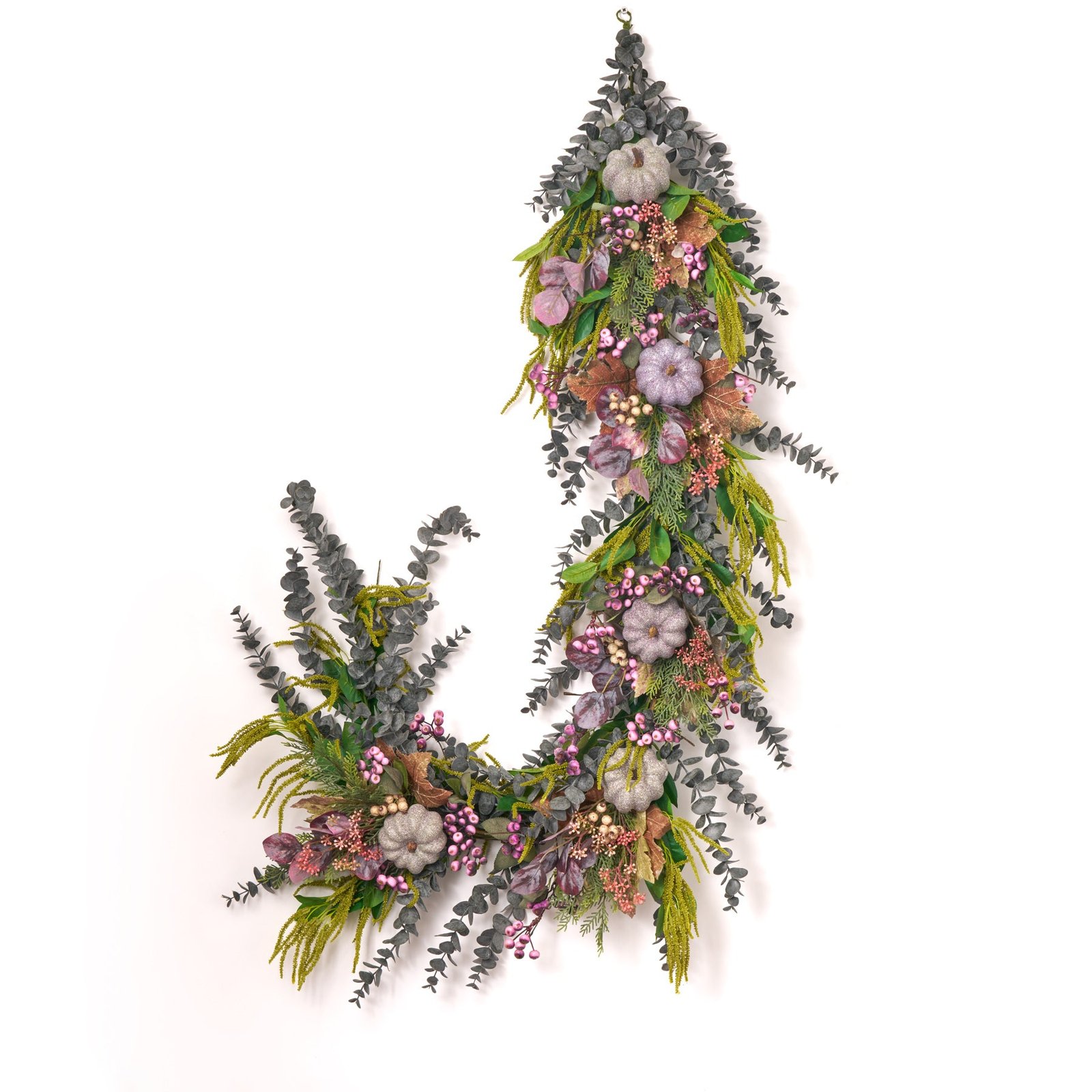 GAR1231WitchesBrew-PurplePumpkin_Berry_MapleLeafwithGreenAmaranthus_GreyEucalyptusFallMantleGarlandHalloweenTableRunner_1 Witches Brew - Purple Pumpkin, Berry & Maple Leaf with Green Amaranthus & Grey Eucalyptus Fall Mantle Garland Halloween Table Runner - Image 1