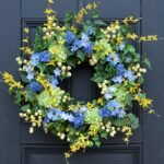 Green Hydrangea, Forsythia, Blue Cosmos & Berry Spring Wreath