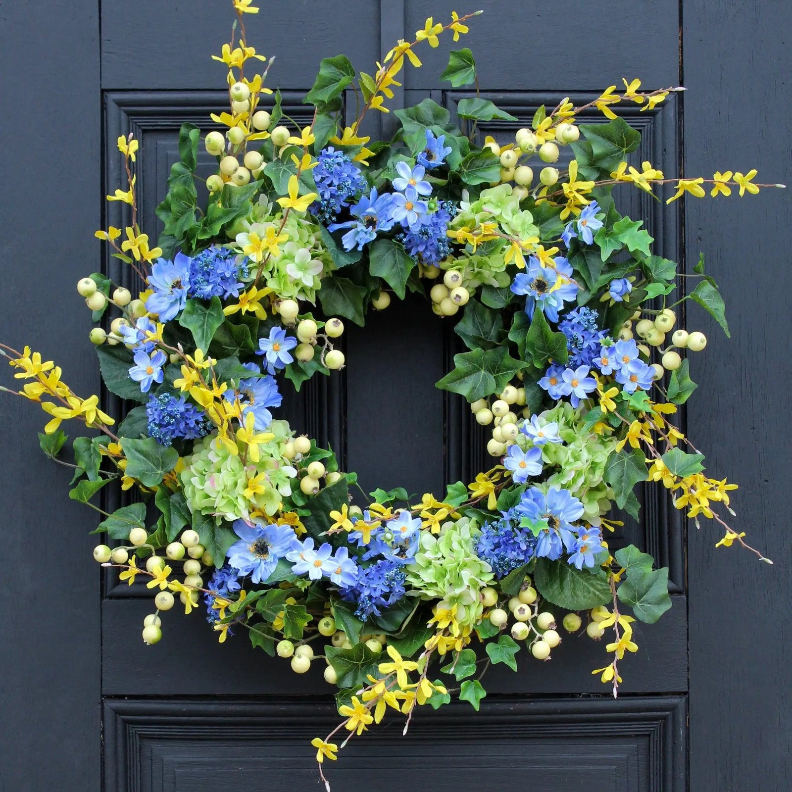 Green_Hydrangea_Forsythia_Blue_Cosmos_Berry_Spring_Wreath_3 Green Hydrangea, Forsythia, Blue Cosmos & Berry Spring Wreath - Image 1