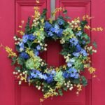 Green Hydrangea, Forsythia, Blue Cosmos & Berry Spring Wreath - Image 4