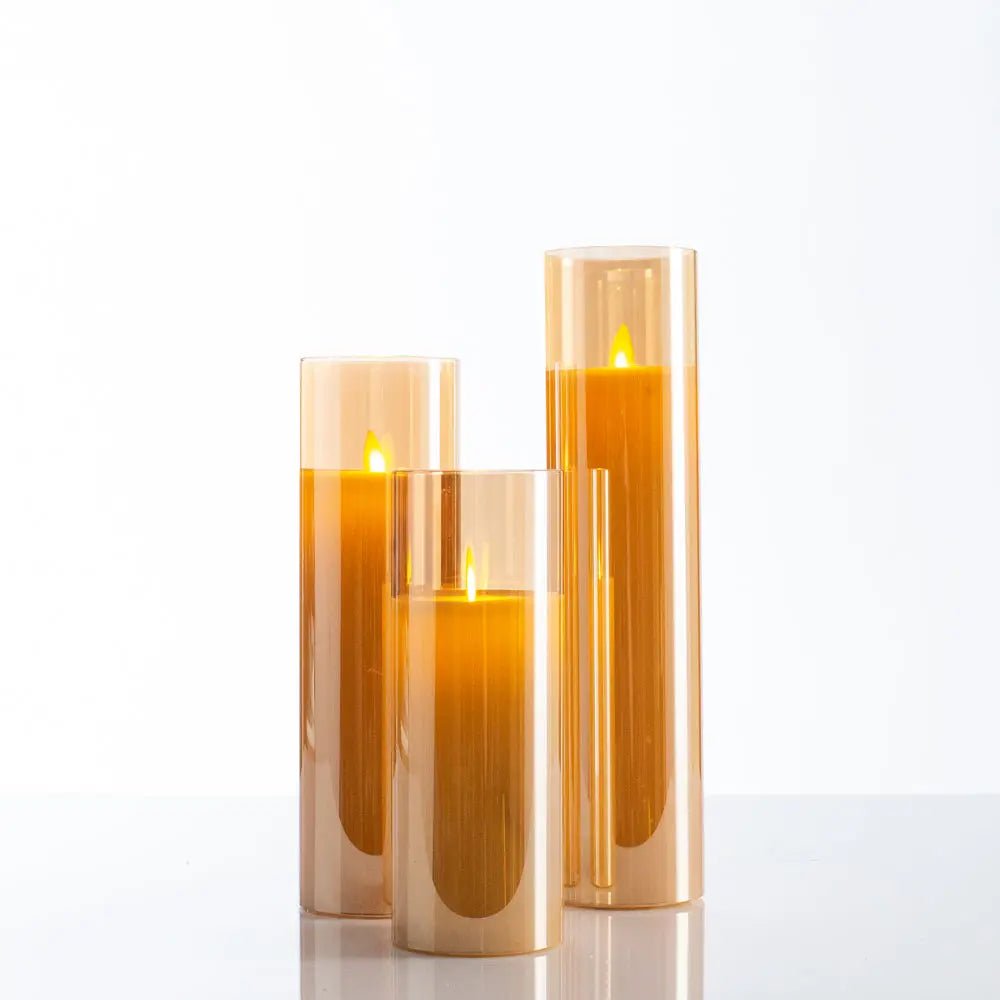 HMD1268MovingFlamelessLEDAmberGlassPillarCandleswithRemote-Setof3 Tall Moving Flameless LED Amber Glass Pillar Candles with Remote- Set of 3 - Image 1