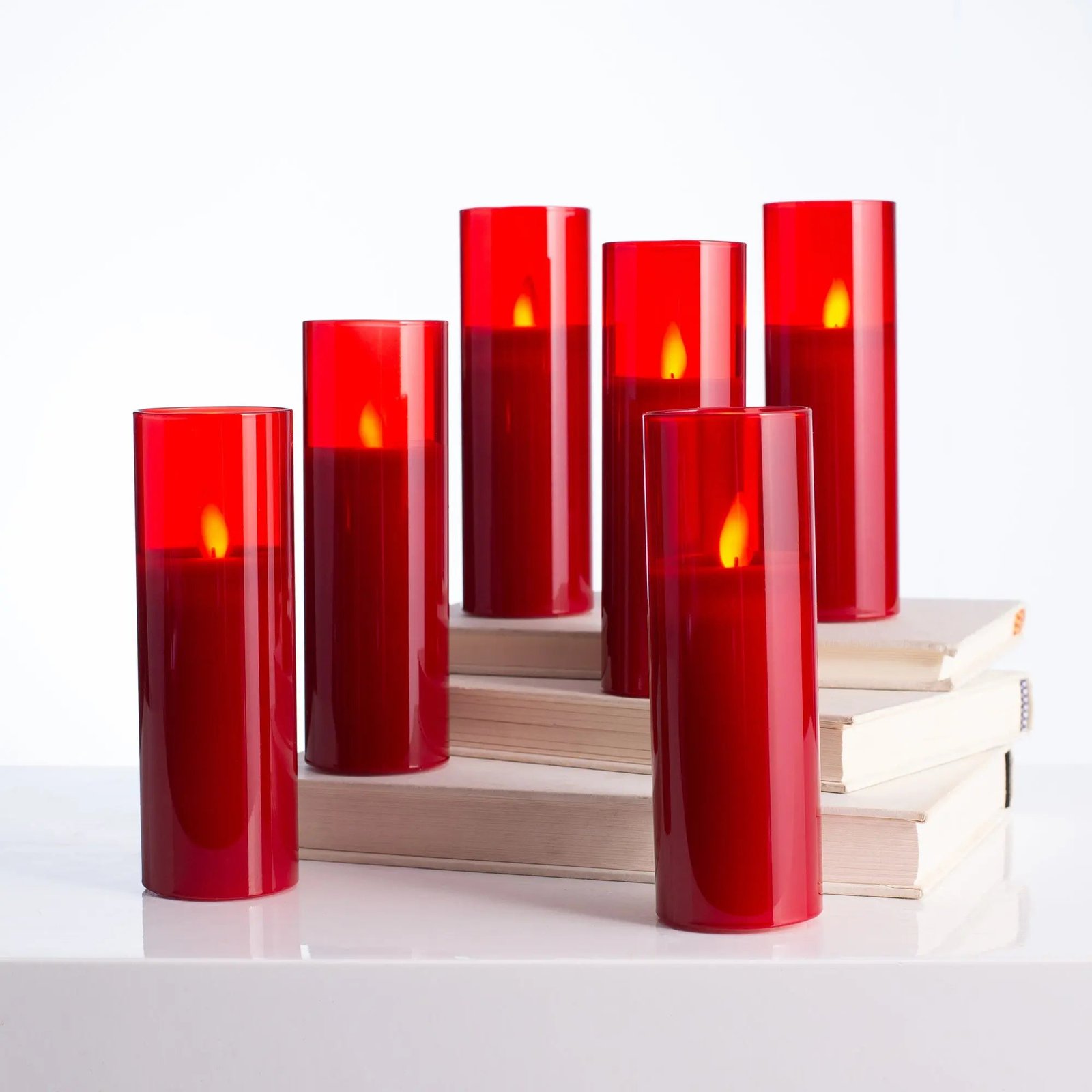 HMD1313MovingFlamelessLEDRedGlassPillarCandleswithRemoteSetof6_1 Moving Flameless LED Red Glass Pillar Candles with Remote Set of 6 - Image 1