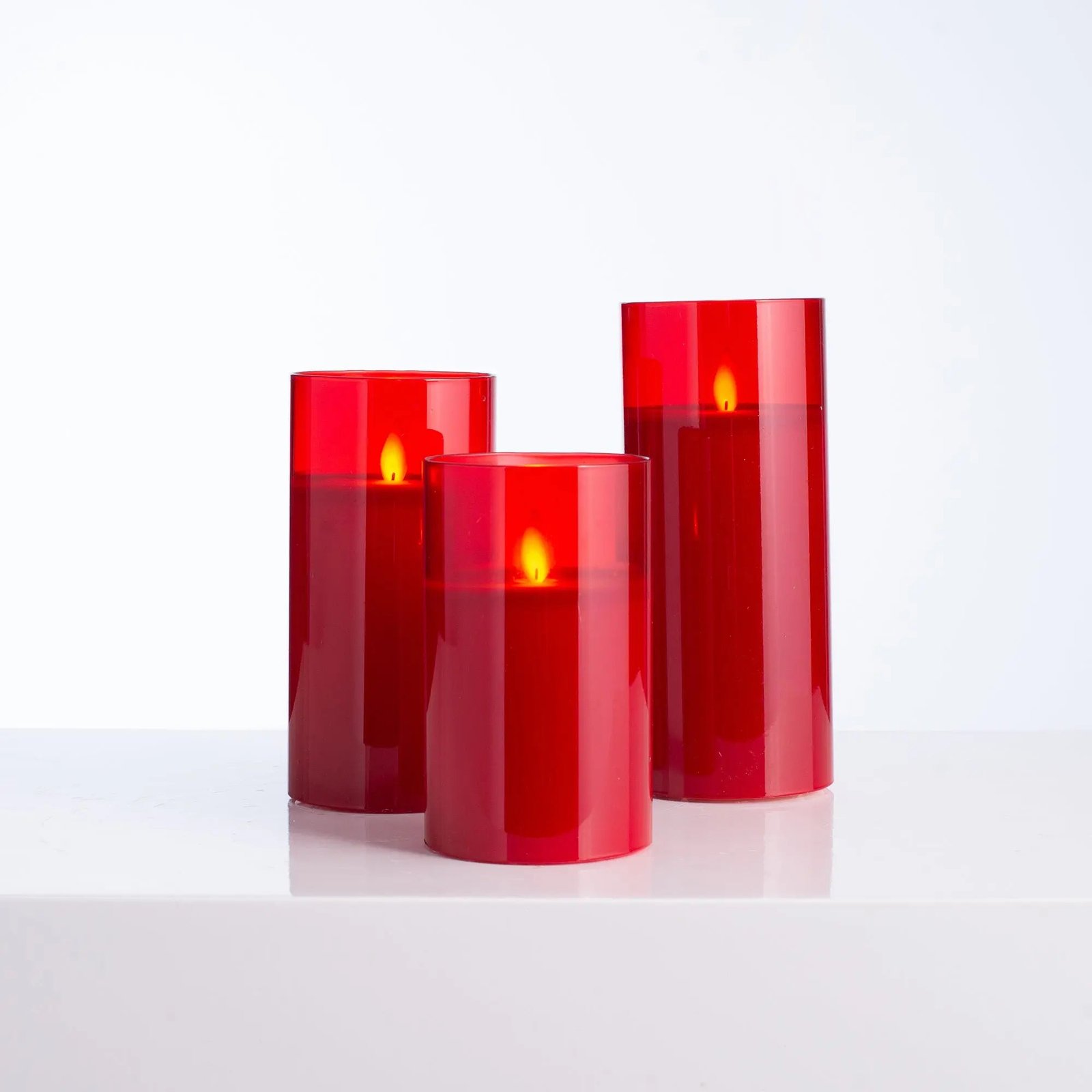 HMD1314-Short_1 Moving Flameless LED Red Glass Pillar Candles with Remote - Set of 3 - Image 1