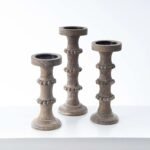Farmhouse Antiqued Ivory & Beige Wood Bead Style Tiered Candle Holder Set of 3