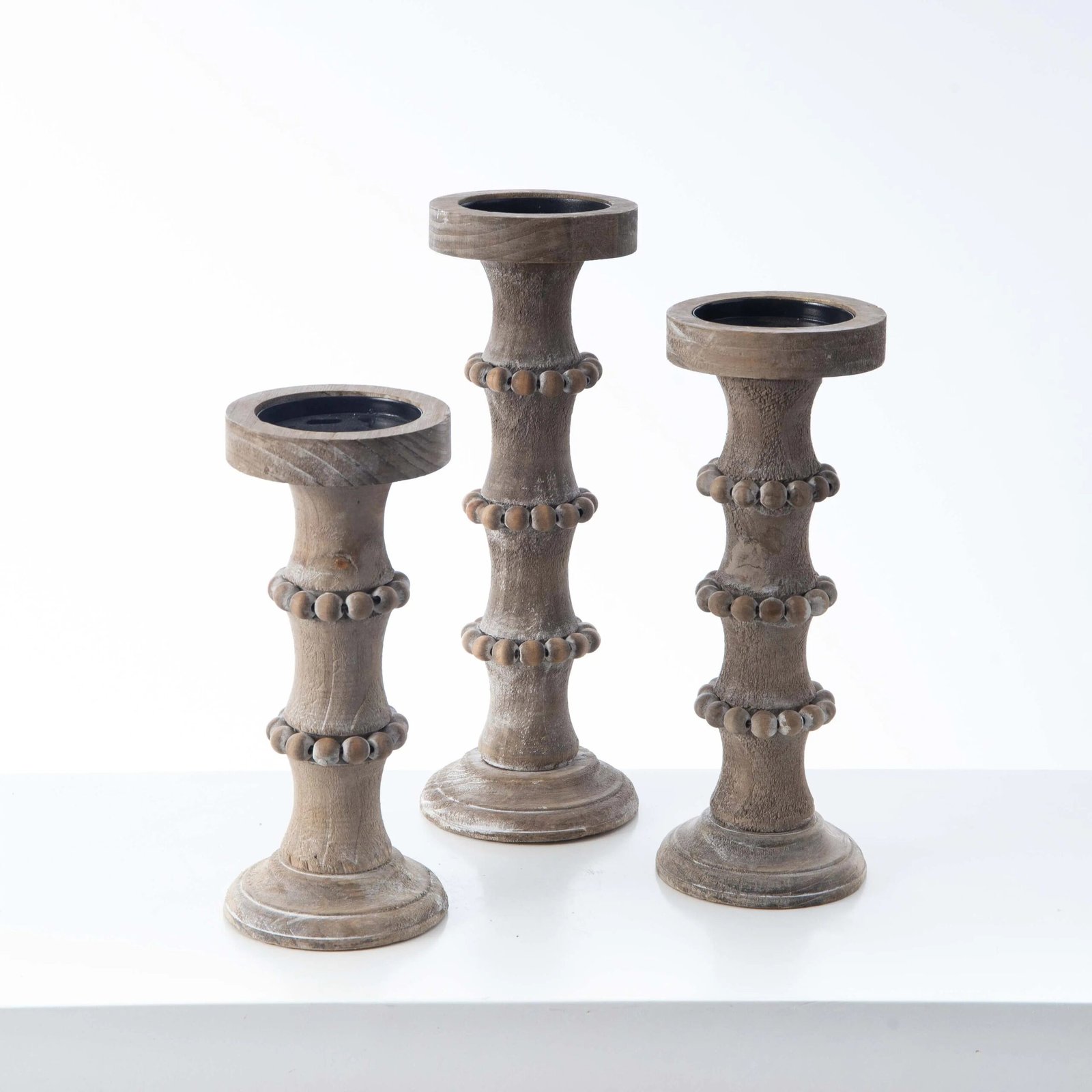 HMD1420FarmhouseAntiquedIvory_BeigeWoodBeadStyleTieredCandleHolderSetof3_1 Farmhouse Antiqued Ivory & Beige Wood Bead Style Tiered Candle Holder Set of 3 - Image 1