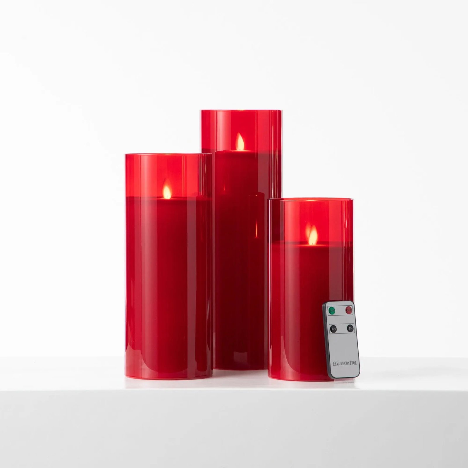 HMD1489LargeMovingFlamelessLEDRedGlassPillarCandleswithRemote-_3 Large Moving Flameless LED Red Glass Pillar Candles with Remote- Set of 3 - Image 1