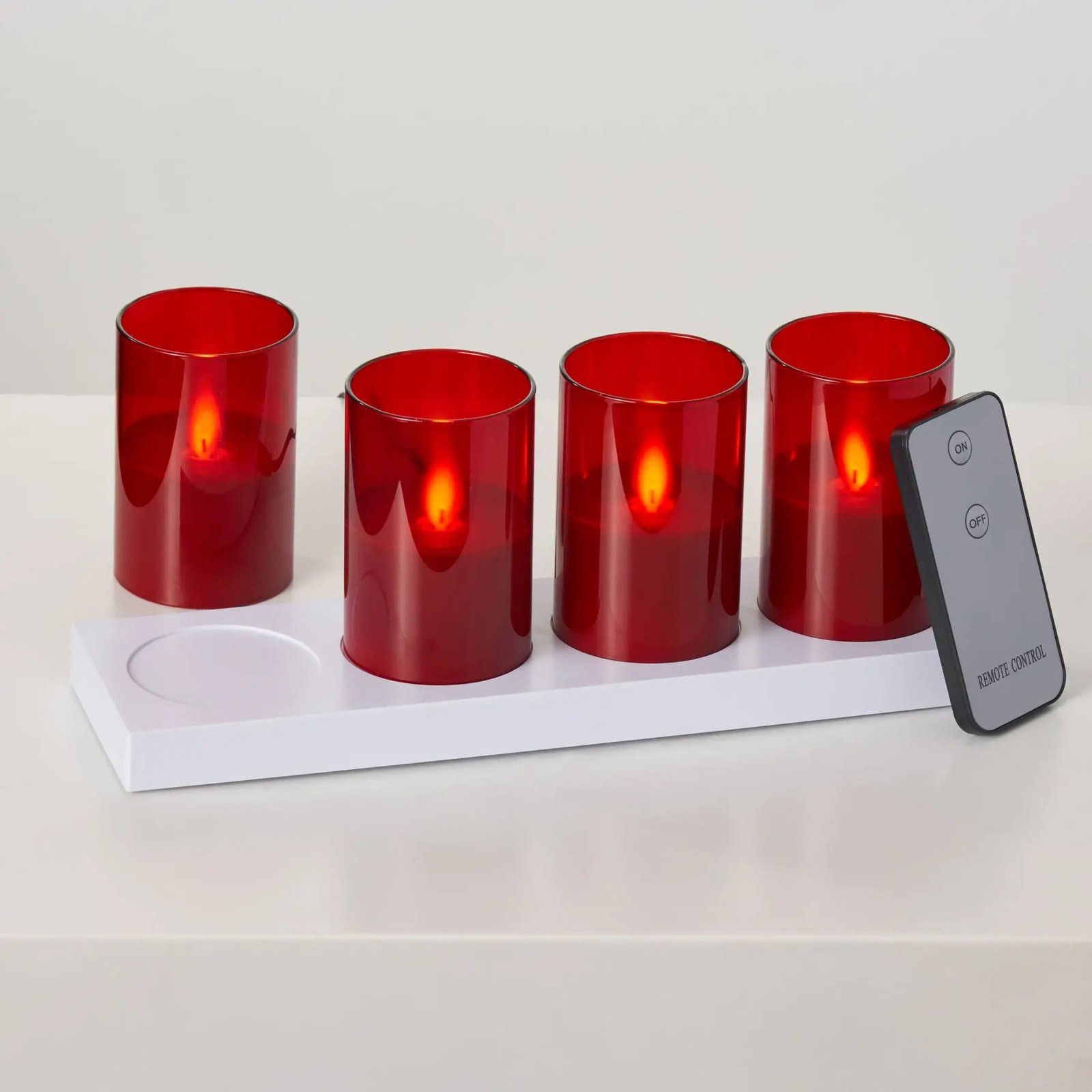 HMD1531-Red_2_MovingFlamelessLEDRedGlassRechargeableVotiveCandleswithRemote-Setof4 Rechargeable Red Glass Moving Flameless LED Votive Candles with Remote - Set of 4 - Image 1