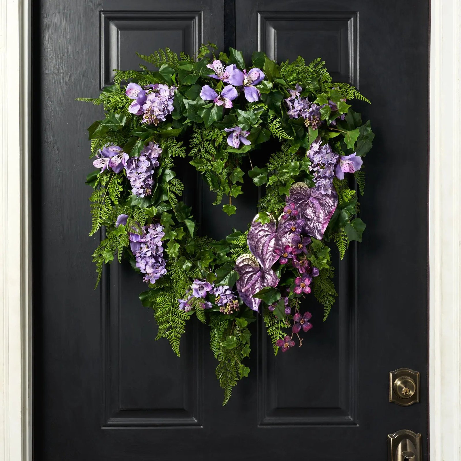 HW1024_5_PurpleLilac_PlumAnthuriumHeartShapedValentinesDayW Purple Lilac & Plum Anthurium Heart Shaped Valentines Day Wreath - Image 1