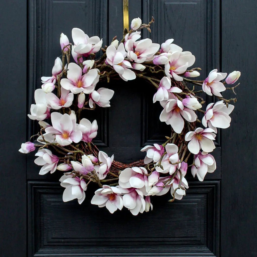 IMG_0653-2 Real Touch Japanese Cream & Lavender Magnolia Flower Everyday Spring Wreath - Image 1