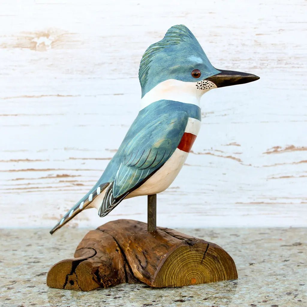 IMG_1162 Blue Male Kingfisher Bird Life Sized Perched on Wood Stand - Hand Carved Wood Bird - Image 1