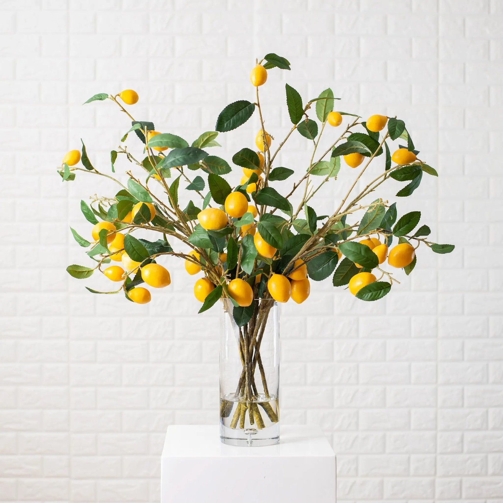 LargeLemonCitrusBranchEverydaySpringArrangementinGlassVase3 Meyer Lemon Tree Branches in Illusion Water Everyday Spring Arrangement in Tall Glass Vase - Image 1