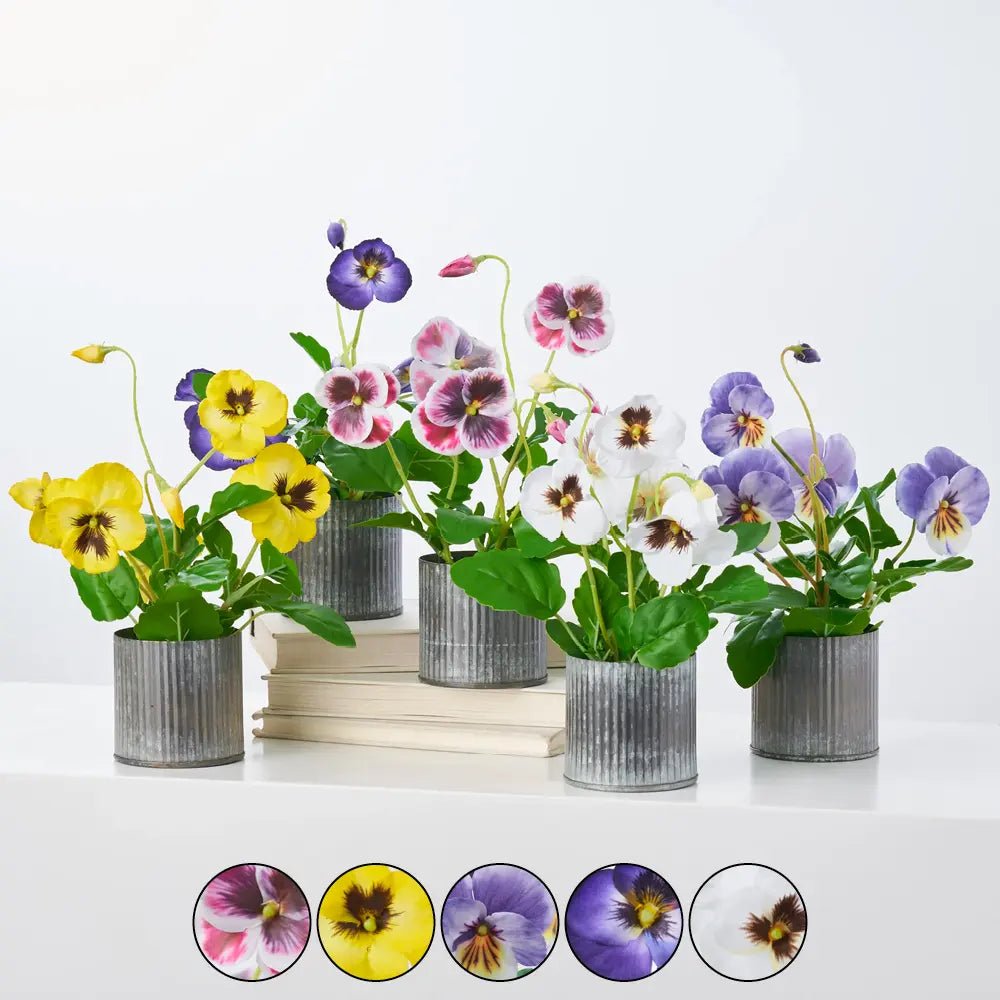 LifelikePansyFauxFloralArrangementHouseplantinGalvanizedMetalTin-5ColorsSWATCHES Lifelike Pansy Faux Floral Arrangement Houseplant in Galvanized Metal Tin - 5 Colors - Image 1