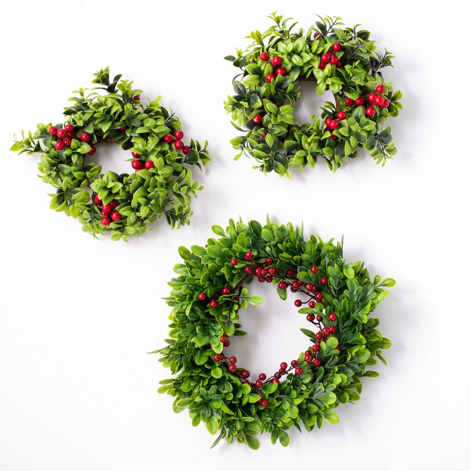MCW1083-PMHolidayBoxwood_RedBerryMiniWreathCandleRingCenterpiece_1 Holiday Boxwood & Red Berry Mini Wreath Candle Ring Centerpiece - Image 1