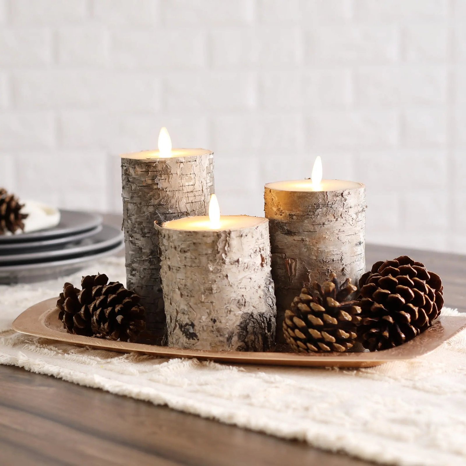 MovingFlamelessLEDFauxBirchPillarCandleswithRemote6 Moving Flameless LED Brown Faux Birch Pillar Candles with Remote - Set of 3 - Image 1