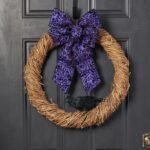 Natural Grapevine Twig Wreath with Purple Halloween Bow & Faux Black Crow - Image 2