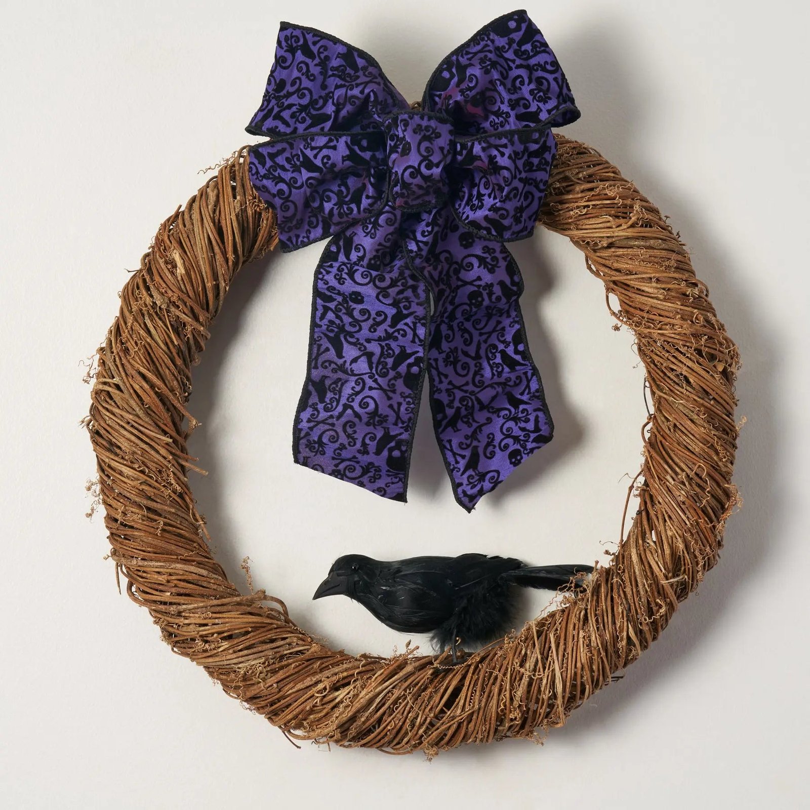 NaturalFallTwigWreathWithPurpleHalloweenBow_FauxBlackCrowFW1313_4 Natural Grapevine Twig Wreath with Purple Halloween Bow & Faux Black Crow - Image 1
