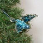 Blue Velvet Holiday Hummingbird with Gold Metallic Glitter Detailing Christmas Ornament on Pick
