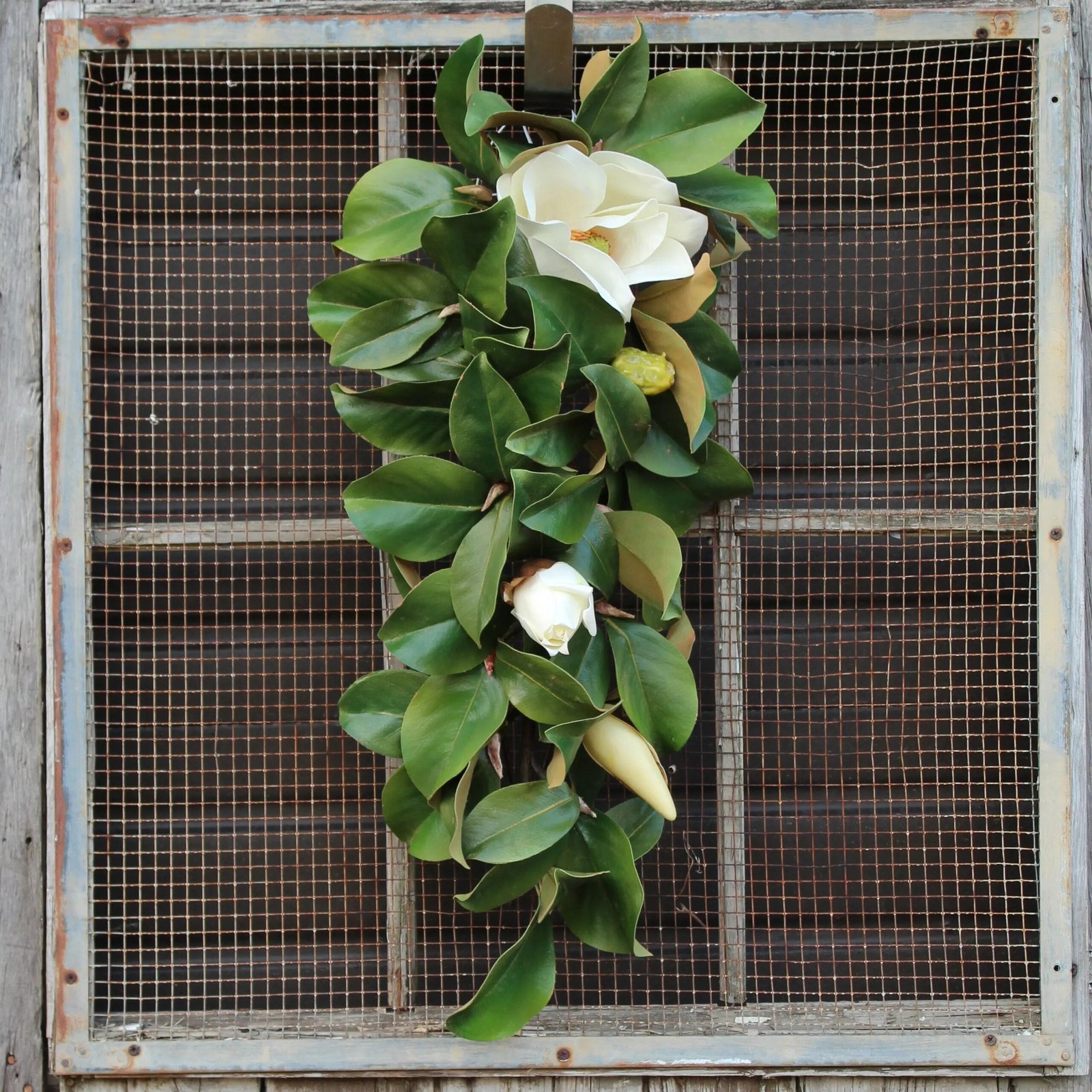 Real Touch White Magnolia All Seasons Teardrop Front Door Swag - Image 5