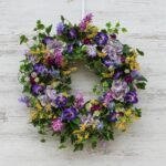 Royal Lavender Hydrangea, Lilac, Purple Pansy, Yellow Astilbe Spring Door Wreath - Image 6