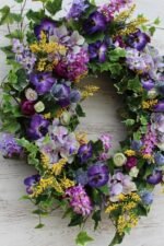 Royal Lavender Hydrangea, Lilac, Purple Pansy, Yellow Astilbe Spring Door Wreath - Image 7