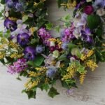 Royal Lavender Hydrangea, Lilac, Purple Pansy, Yellow Astilbe Spring Door Wreath - Image 2