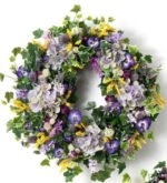 Royal Lavender Hydrangea, Lilac, Purple Pansy, Yellow Astilbe Spring Door Wreath - Image 10