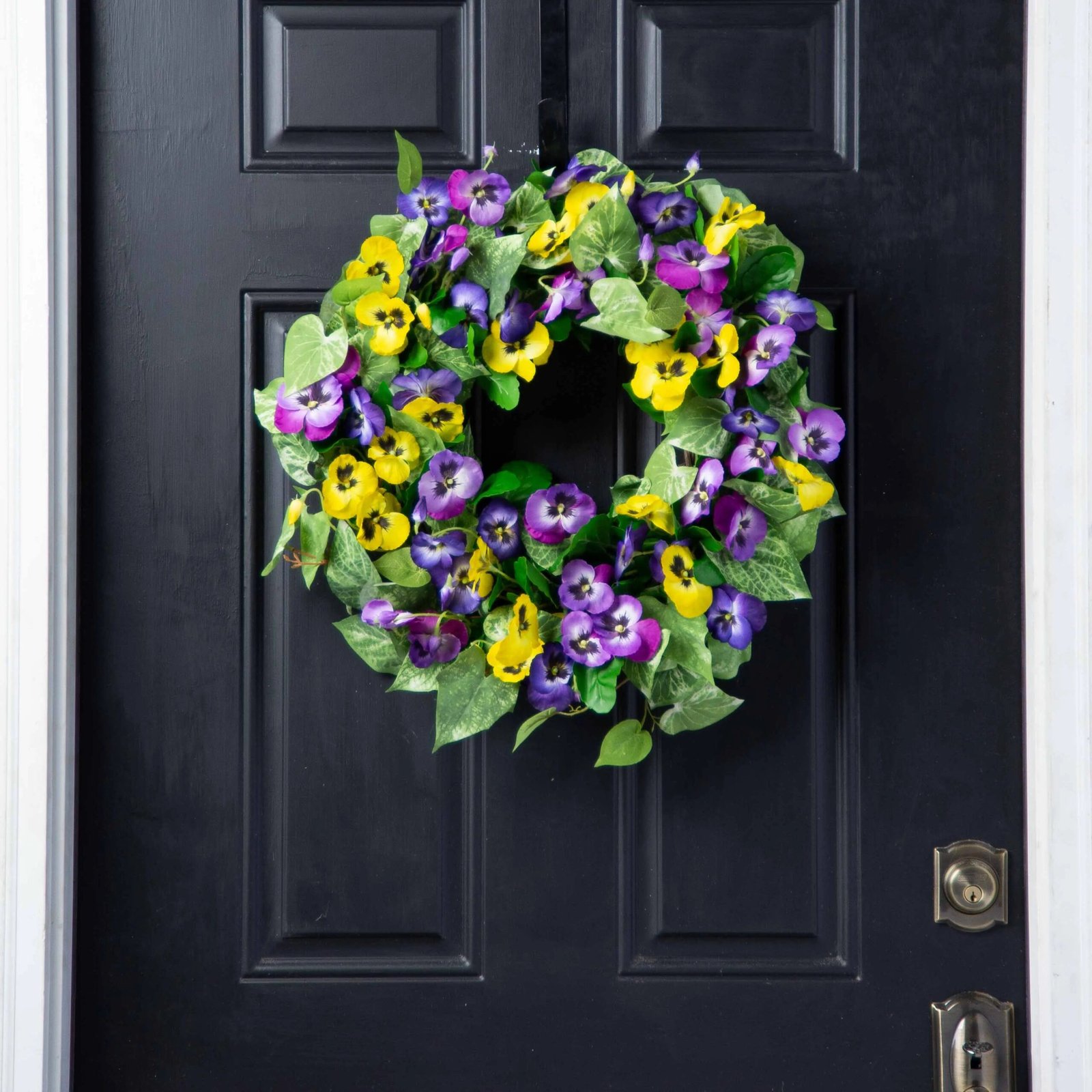 SW1160RM-22PansyPerfection-MixedYellow_PurplePansySpringSummerFrontDoorWreath_4 Pansy Perfection - Mixed Yellow & Purple Pansy Spring Summer Front Door Wreath - Image 1