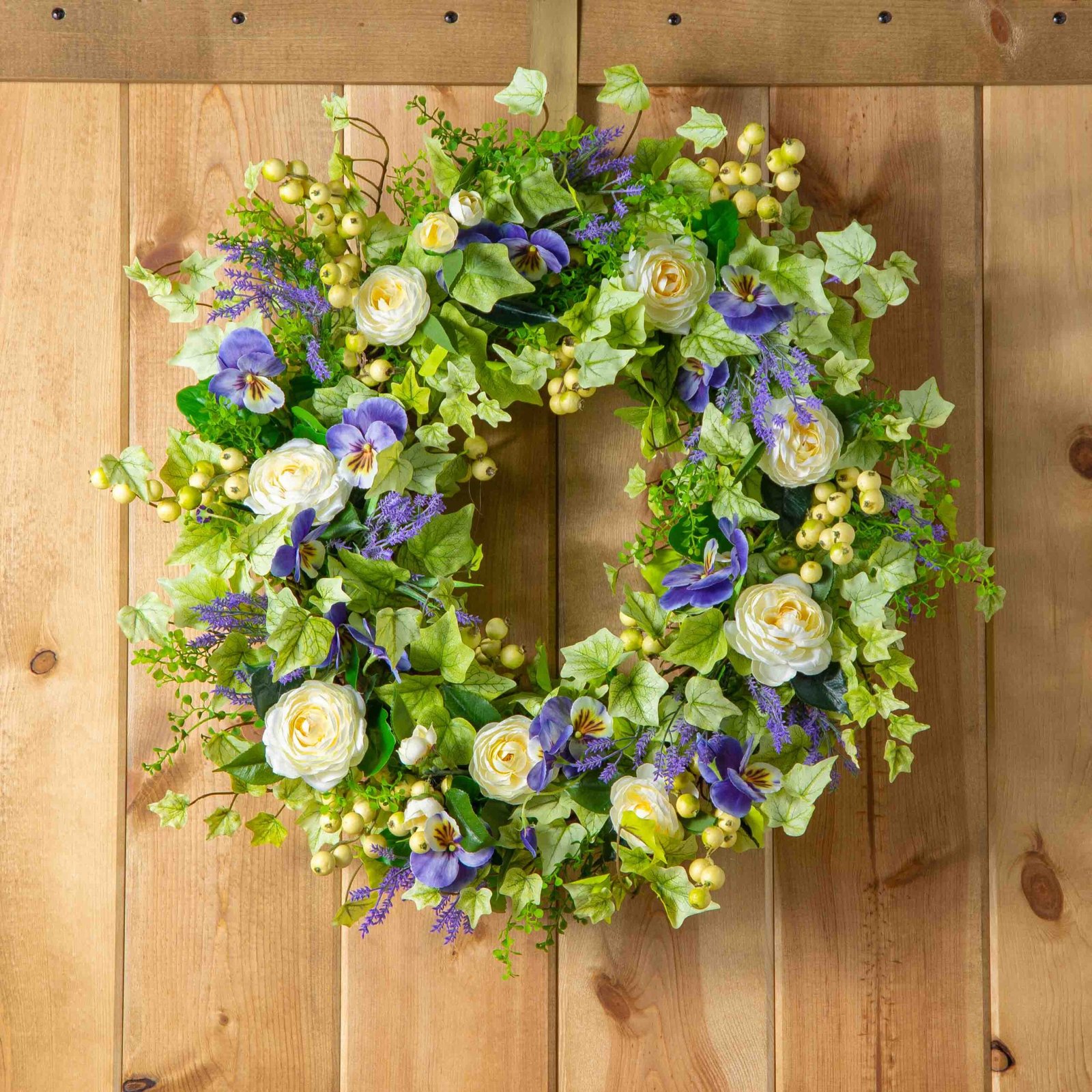 SW1284PurpleLavenderPansy_CreamCamellia_GooseberrySpringIvyFrontDoorWreath_3 Purple Lavender Pansy, Cream Camellia & Gooseberry Spring Ivy Front Door Wreath - Image 1