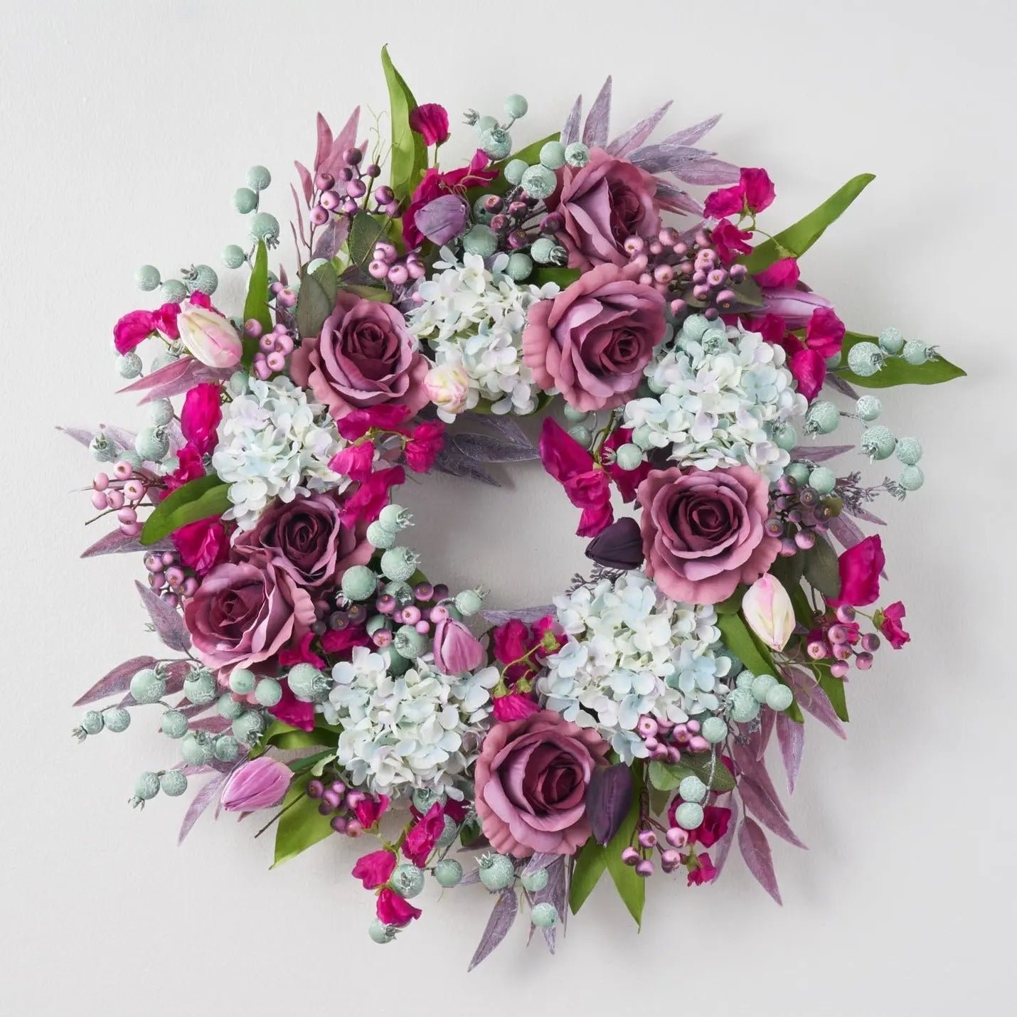 SW1317WatercolorHydrangea_MauveRose_MixedPinkTulip_BerrySpringSummerFrontDoorWreath_3 Watercolor Hydrangea, Mauve Rose, Mixed Pink Tulip & Berry Spring Summer Front Door Wreath - Image 1