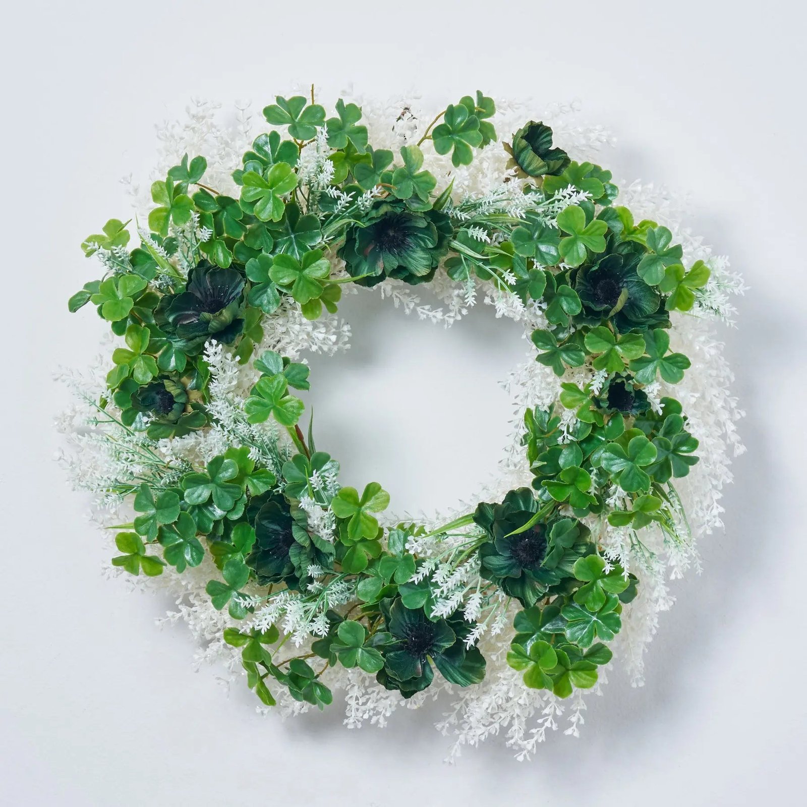 SW1366LuckoftheIrish-ShamrockClover_EmeraldAnemoneBloomsOnWhiteSparkleBaseSt.Patrick_3 Luck of the Irish - Shamrock Clover & Emerald Anemone Blooms On White Sparkle Base St. Patrick's Day Wreath - Image 1