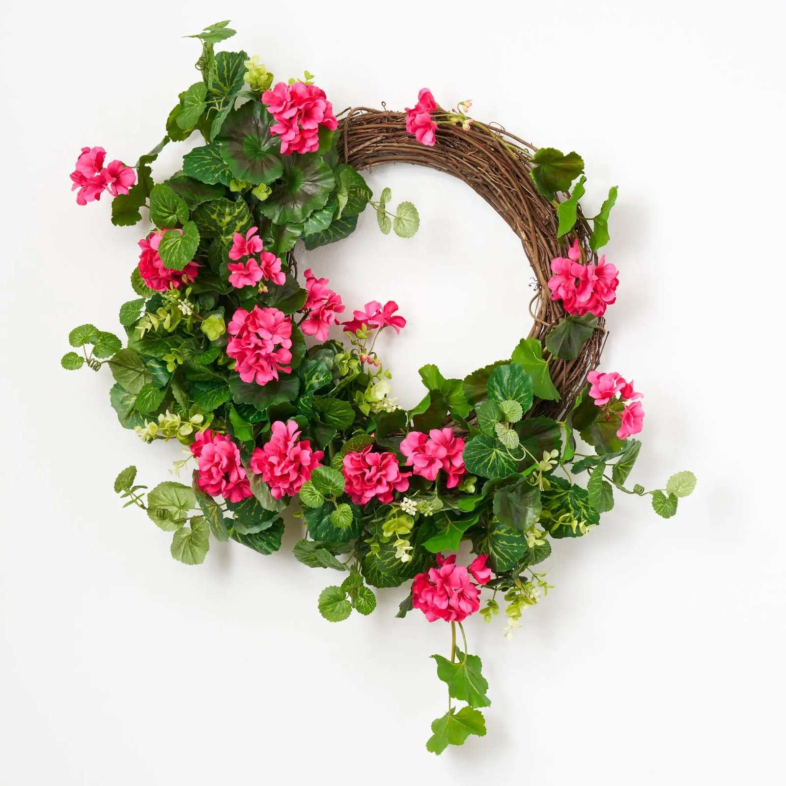 SW1394PinkParadise-BrightPinkHangingGeraniumwithFrenchBegoniaLeaf_SeededEucalyptusEverydaySpringSumme_1 Pink Paradise - Bright Pink Hanging Geranium with French Begonia Leaf & Seeded Eucalyptus Everyday Spring Summer Front Door Wreath - Image 1