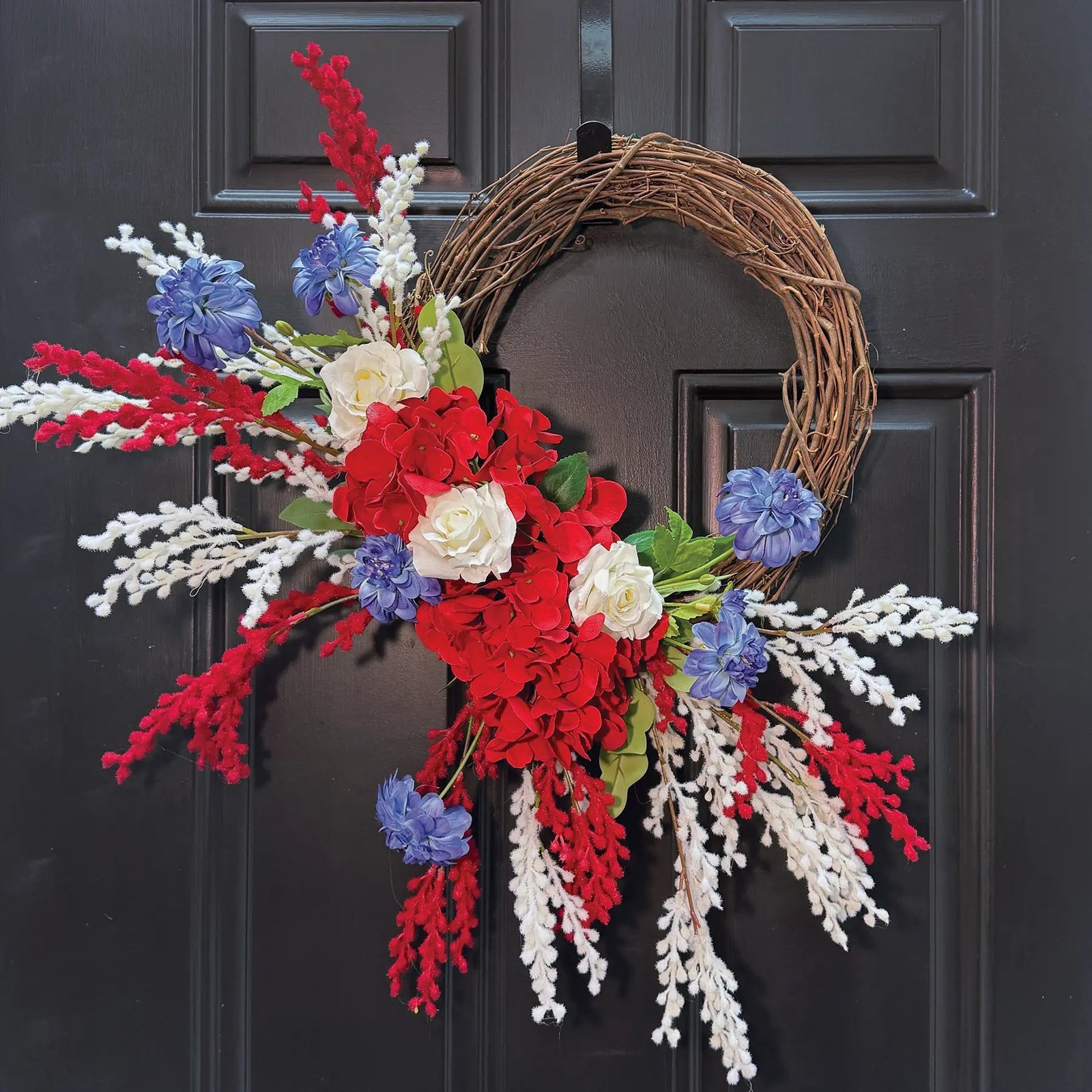 SW1401StarSpangled-RedHydrangea_WhiteRose_BlueDahliawithMimosaBranchPatrioticAmericanWreath_1 Star Spangled - Red Hydrangea, White Rose & Blue Dahlia with Mimosa Branch Patriotic American Wreath - Image 1