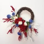 Star Spangled - Red Hydrangea, White Rose & Blue Dahlia with Mimosa Branch Patriotic American Wreath - Image 2