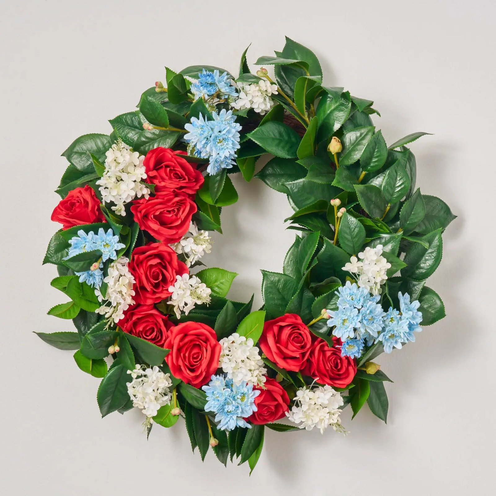 SW1420MissAmericana-RedRose_WhiteLilac_BlueDaisyPatrioticFrontDoorSummerWreath_1 Miss Americana - Red Rose, White Lilac & Blue Daisy Patriotic Front Door Summer Wreath - Image 1