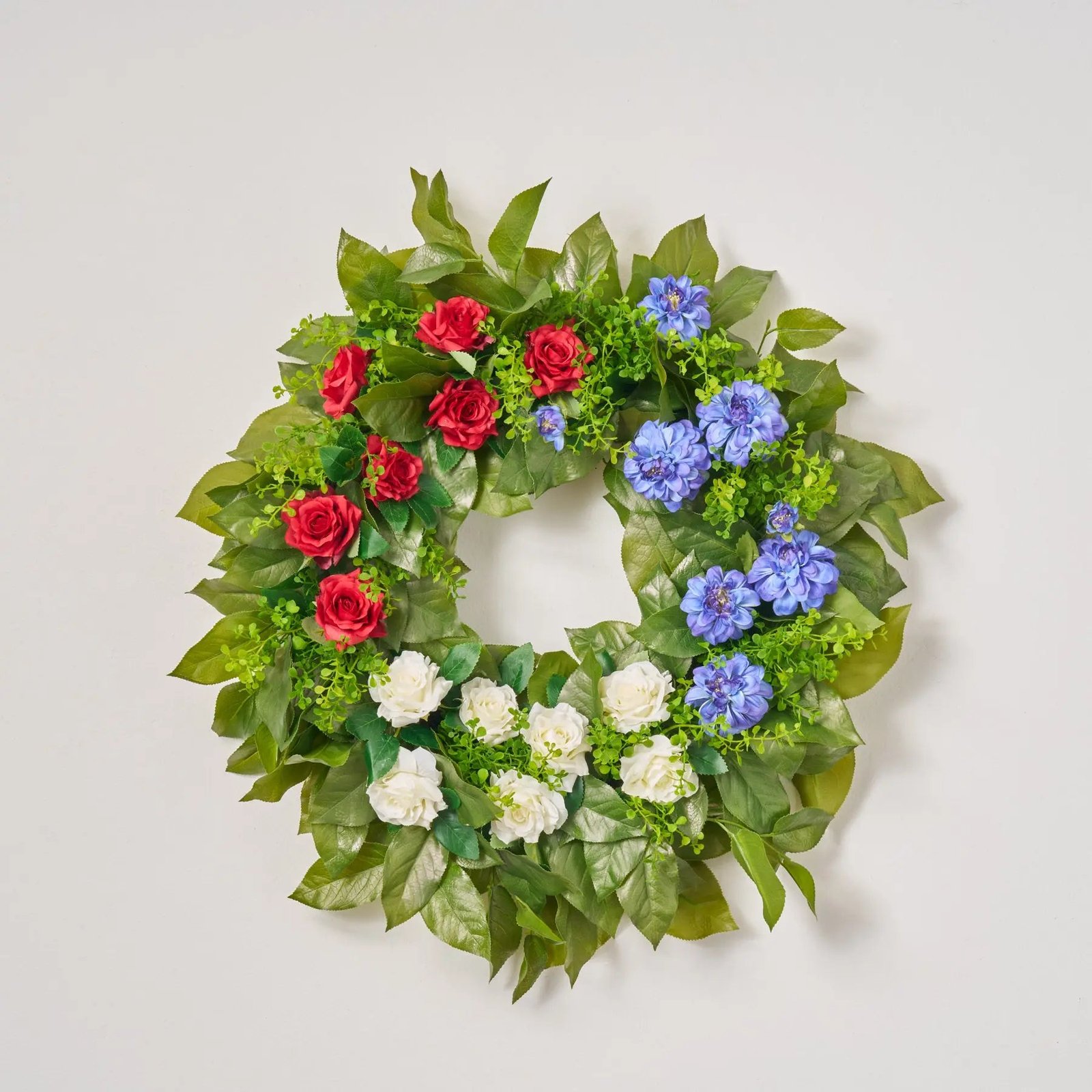 SW1422AmericatheBeautiful-Red_White_BlueMiniRoseandDahliawithRealTouchSalalLeafFrontDoorWreath_1 American Beauty Blooms - Red, White & Blue Mini Rose and Dahlia with Real Touch Salal Leaf Front Door Wreath - Image 1