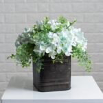 Soft Blue Hydrangea & Mixed Eucalyptus Everyday Floral Arrangement Centerpiece in Metal Tin Window Planter Box - 3 Size Options - Image 7