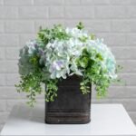 Soft Blue Hydrangea & Mixed Eucalyptus Everyday Floral Arrangement Centerpiece in Metal Tin Window Planter Box - 3 Size Options - Image 6