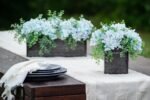 Soft Blue Hydrangea & Mixed Eucalyptus Everyday Floral Arrangement Centerpiece in Metal Tin Window Planter Box - 3 Size Options - Image 9