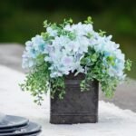 Soft Blue Hydrangea & Mixed Eucalyptus Everyday Floral Arrangement Centerpiece in Metal Tin Window Planter Box - 3 Size Options