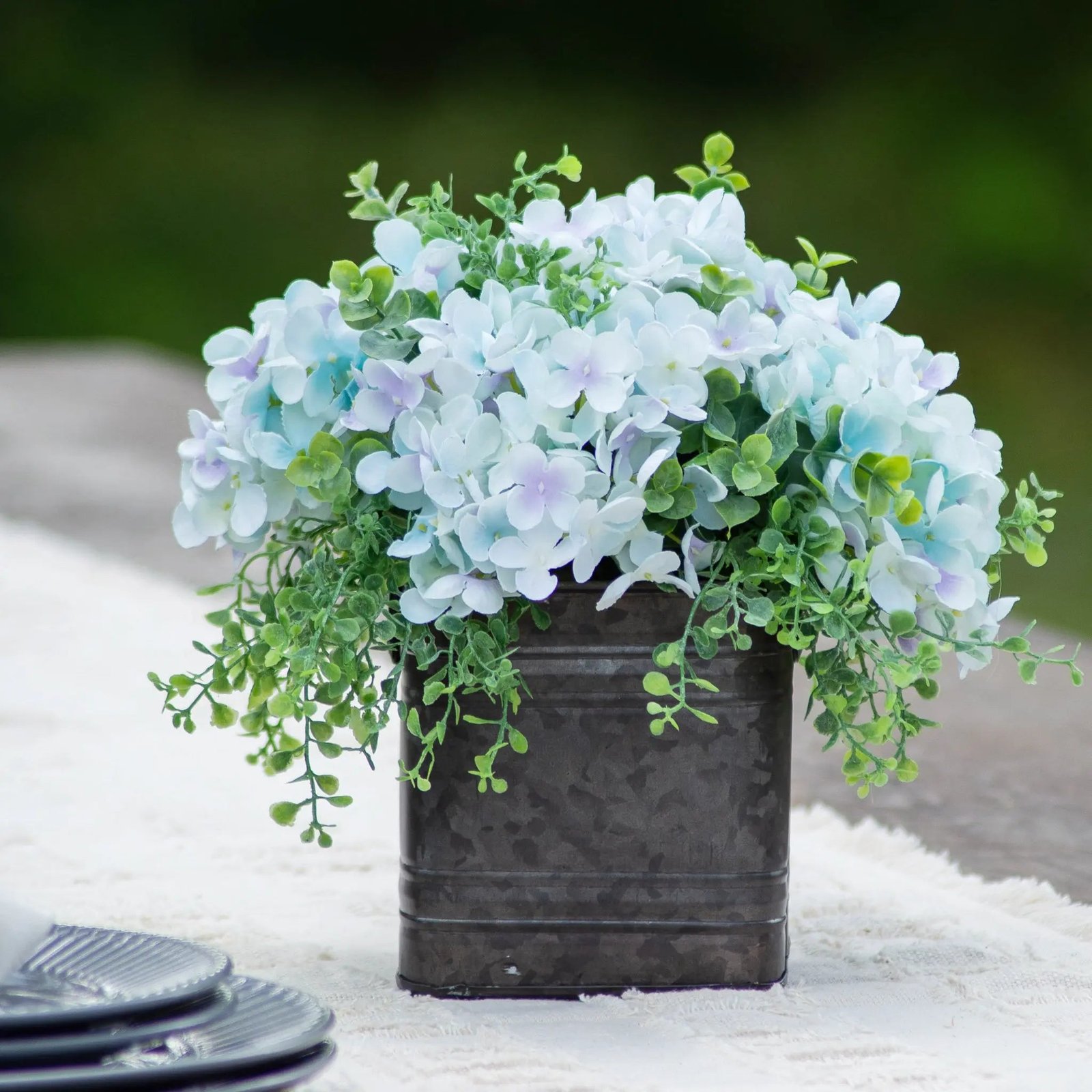 SoftBlueHygrandea_MixedEucalyptusEverydayFloralArrangementCenterpieceinMetalTin8 Soft Blue Hydrangea & Mixed Eucalyptus Everyday Floral Arrangement Centerpiece in Metal Tin Window Planter Box - 3 Size Options - Image 1