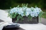 Soft Blue Hydrangea & Mixed Eucalyptus Everyday Floral Arrangement Centerpiece in Metal Tin Window Planter Box - 3 Size Options - Image 4