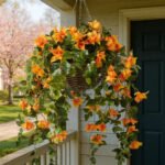 Draping Orange Bougainvillea in Rattan Basket Faux Floral Spring Summer Hanging Basket